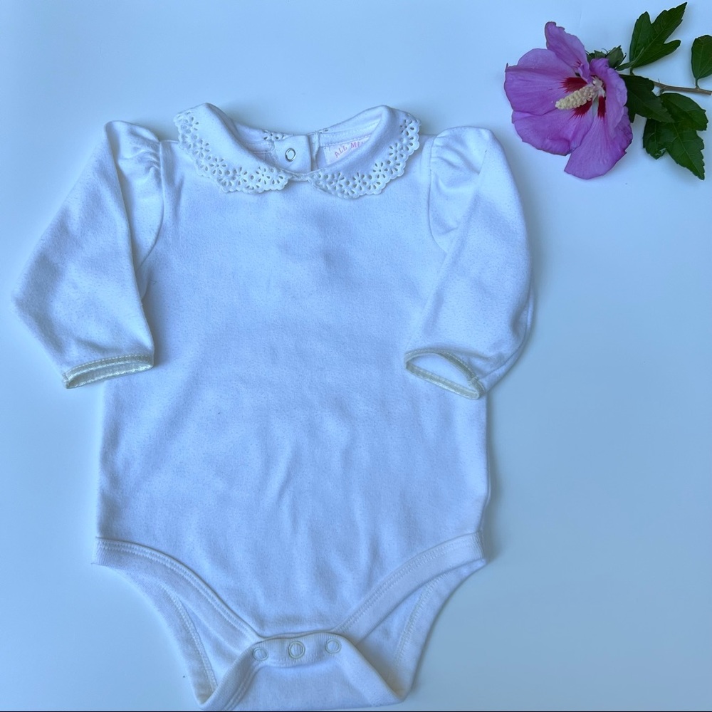 All Mine baby Girls long sleeve ivory bodysuit with eyelet collar /  6-9 M